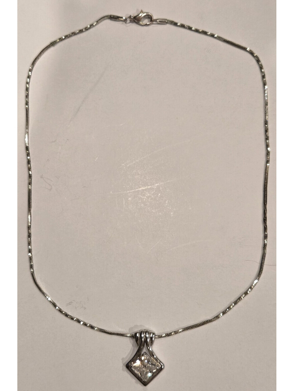 Silver Plated Chain Necklace with Sterling Silver Pendant with CZ Square Stone